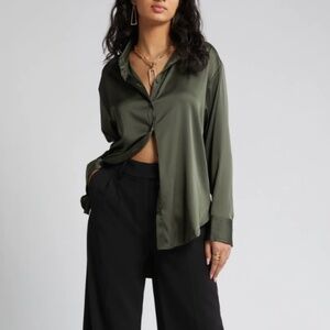 Open Edit | Satin Button-Up Shirt | Green | XXL